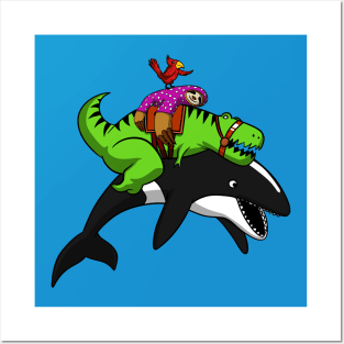 T-Rex Dinosaur Sloth Riding Orca Whale Posters and Art